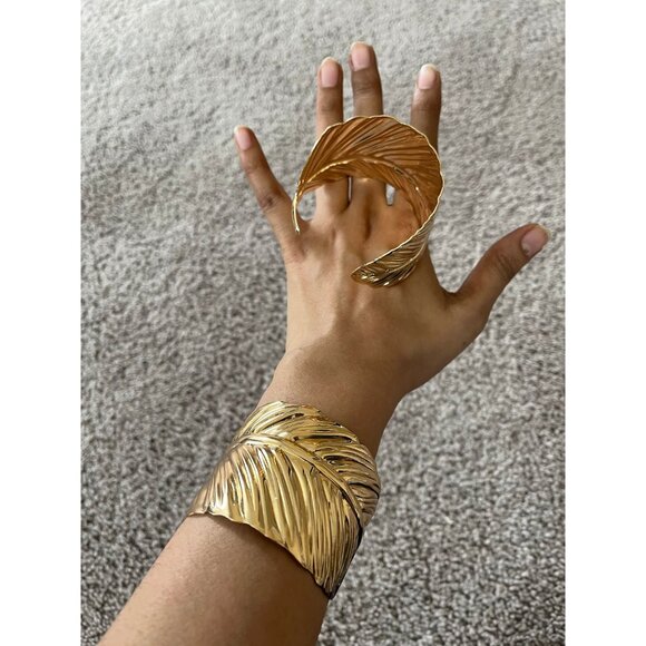 wide gold cuff leaf bracelet bangle large wedding metal boho chunky statement - Picture 4 of 9